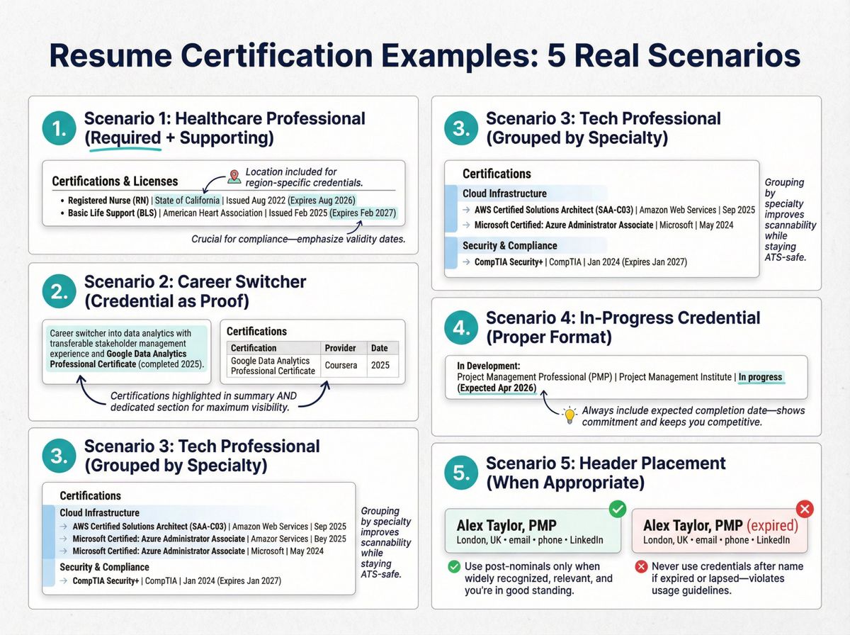 Five resume certification formatting examples showing scenarios for nurses, career switchers, tech professionals, in-progress credentials, and header placement