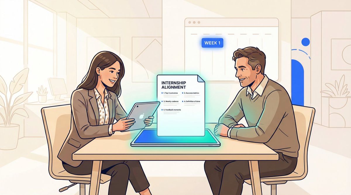 Intern and manager in a Week 1 alignment meeting reviewing a one-page internship success criteria document together