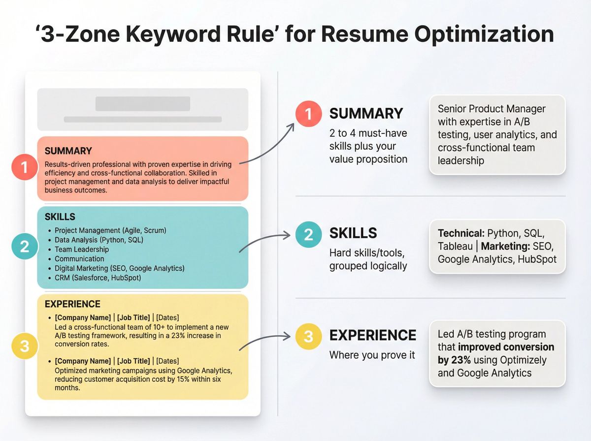 Infographic showing the 3-zone keyword strategy for ATS resume optimization with labeled resume template and detailed breakdowns