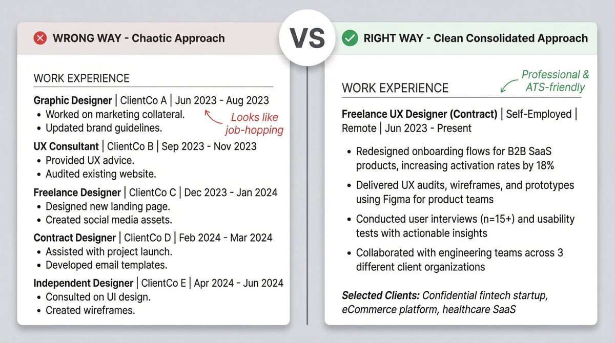 Split comparison showing chaotic freelance resume with scattered entries versus clean consolidated format