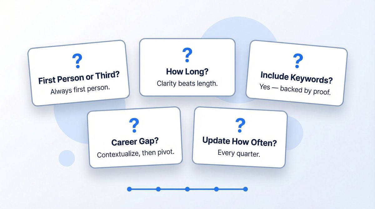 Illustrated FAQ cards answering common LinkedIn About section questions in a clean, editorial layout