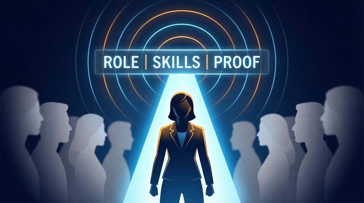 Professional standing in a spotlight among dimly lit profiles, representing a clear LinkedIn headline signal that stands out to recruiters