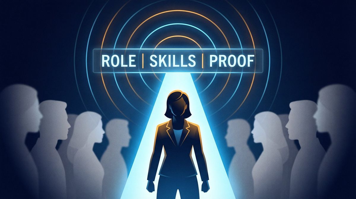 Professional standing in a spotlight among dimly lit profiles, representing a clear LinkedIn headline signal that stands out to recruiters