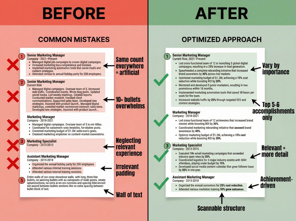 Side-by-side comparison showing common resume bullet mistakes on left versus optimized approach on right