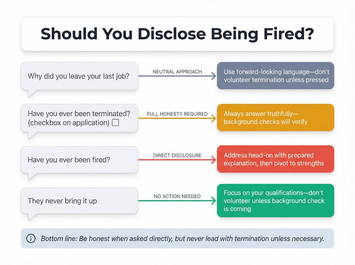 Decision flowchart showing when to disclose being fired based on how interviewers ask the question