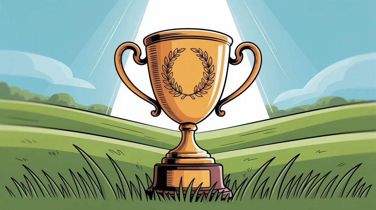 Hand-drawn illustration of a golden trophy with laurel wreath emblem standing on a wooden pedestal in a grassy field, with bright sunlight streaming from above and rolling green hills in the background, symbolizing career achievement and success