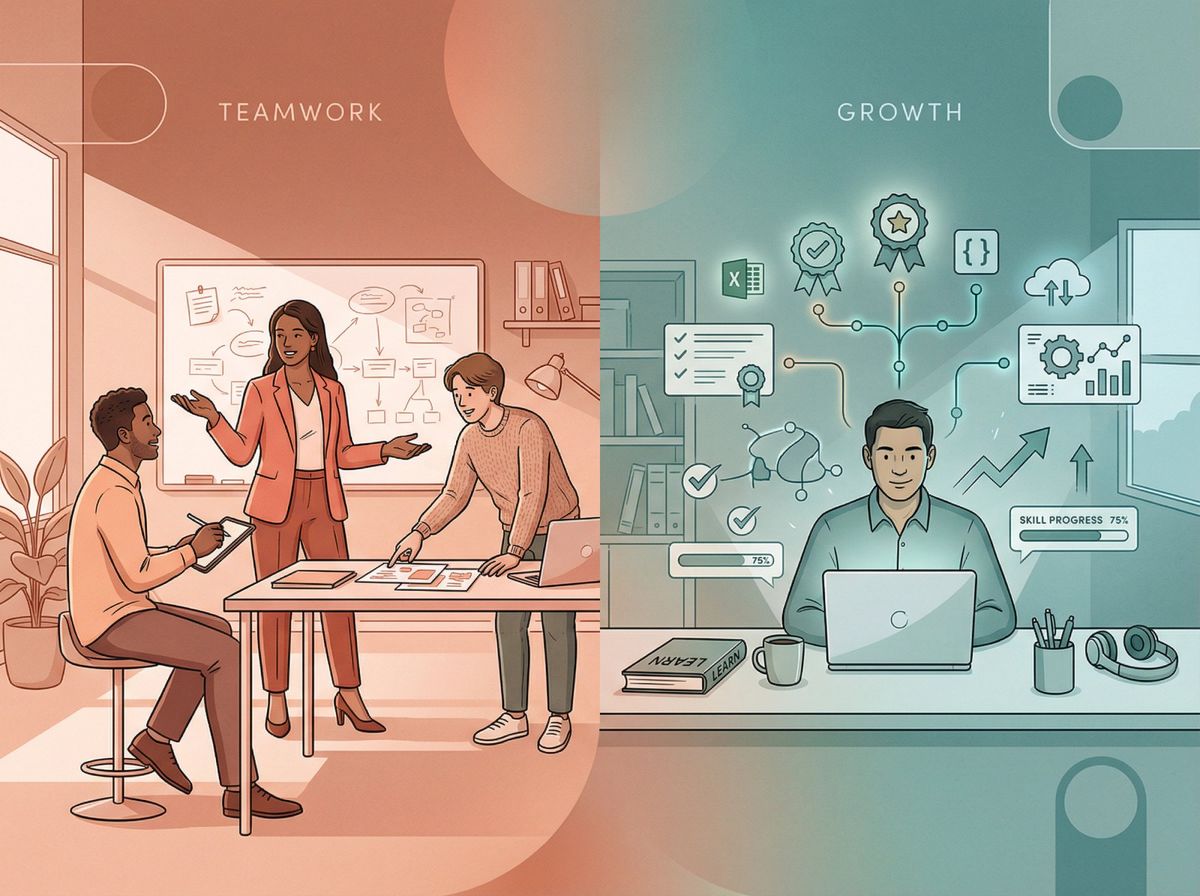 Split panel illustration showing collaborative teamwork on left and professional skill development on right