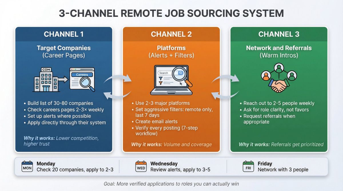Three-channel remote job search pipeline showing company career pages, platforms with filters, and networking channels working together