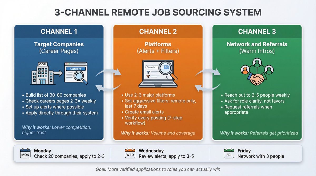 Three-channel remote job search pipeline showing company career pages, platforms with filters, and networking channels working together
