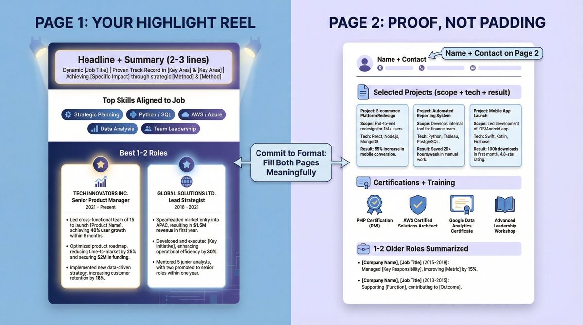 Side-by-side visual breakdown of two-page resume structure showing Page 1 highlight reel versus Page 2 supporting proof