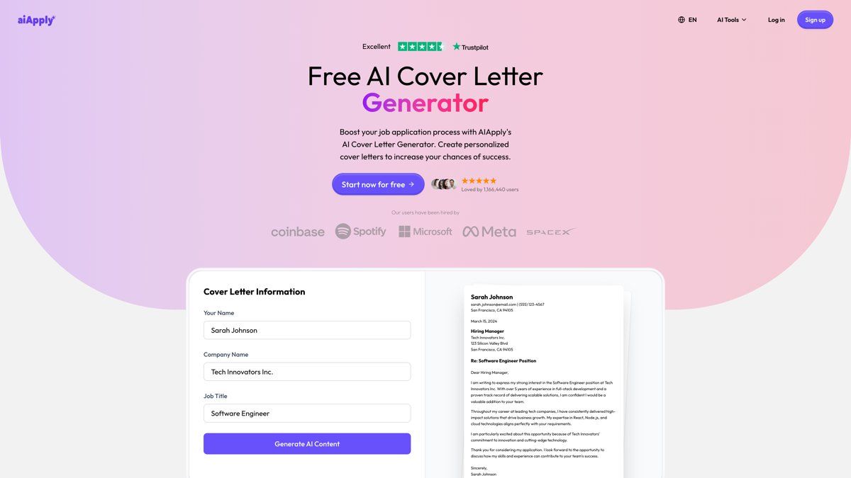 AIApply's free AI Cover Letter Generator showing form fields, a live cover letter preview, and social proof from top companies like Microsoft and Spotify
