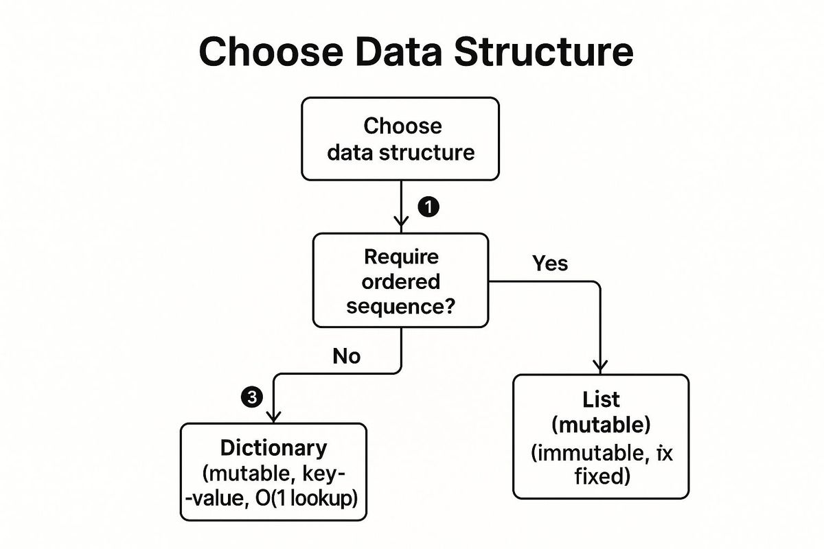 Infographic showing a decision-making process for choosing between a list, tuple, or dictionary in Python.
