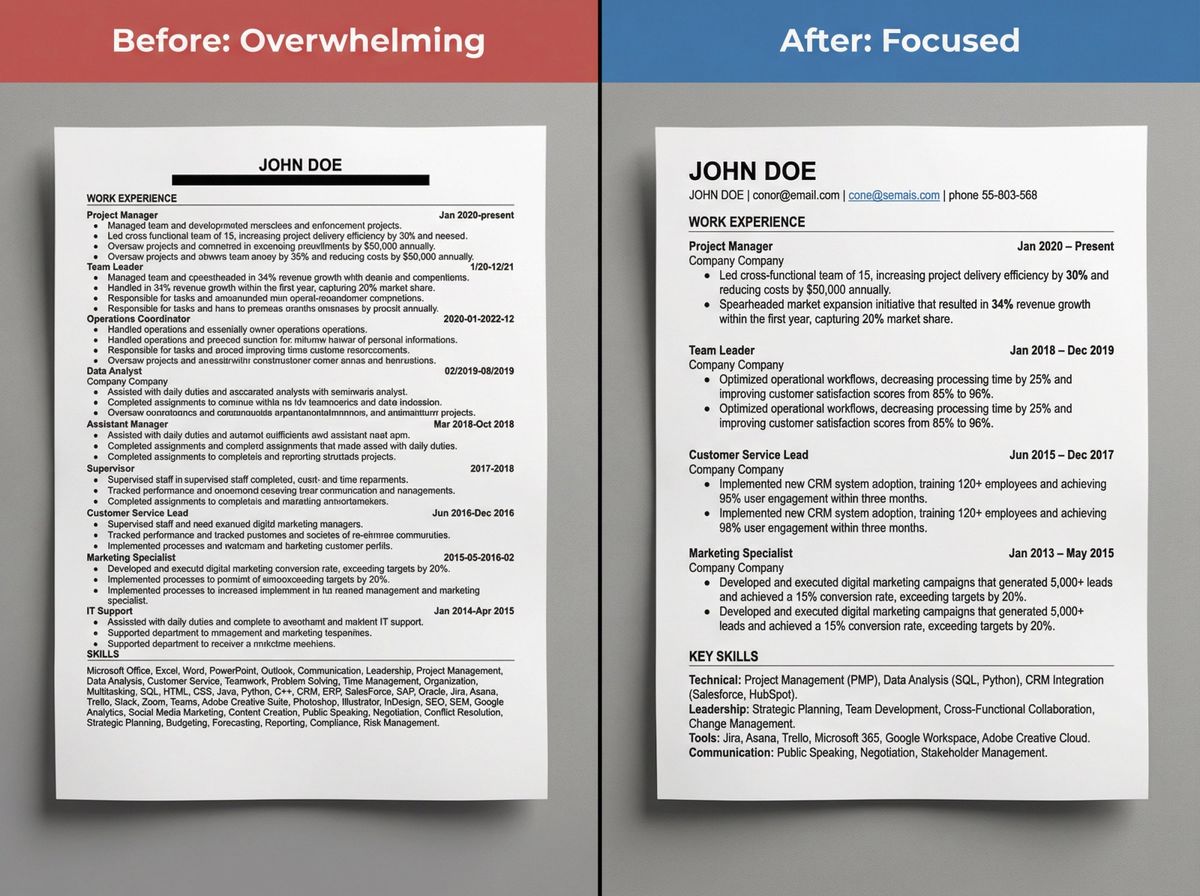 Side-by-side comparison showing an overwhelmed resume with too many jobs versus a clean, targeted resume with strategic selection
