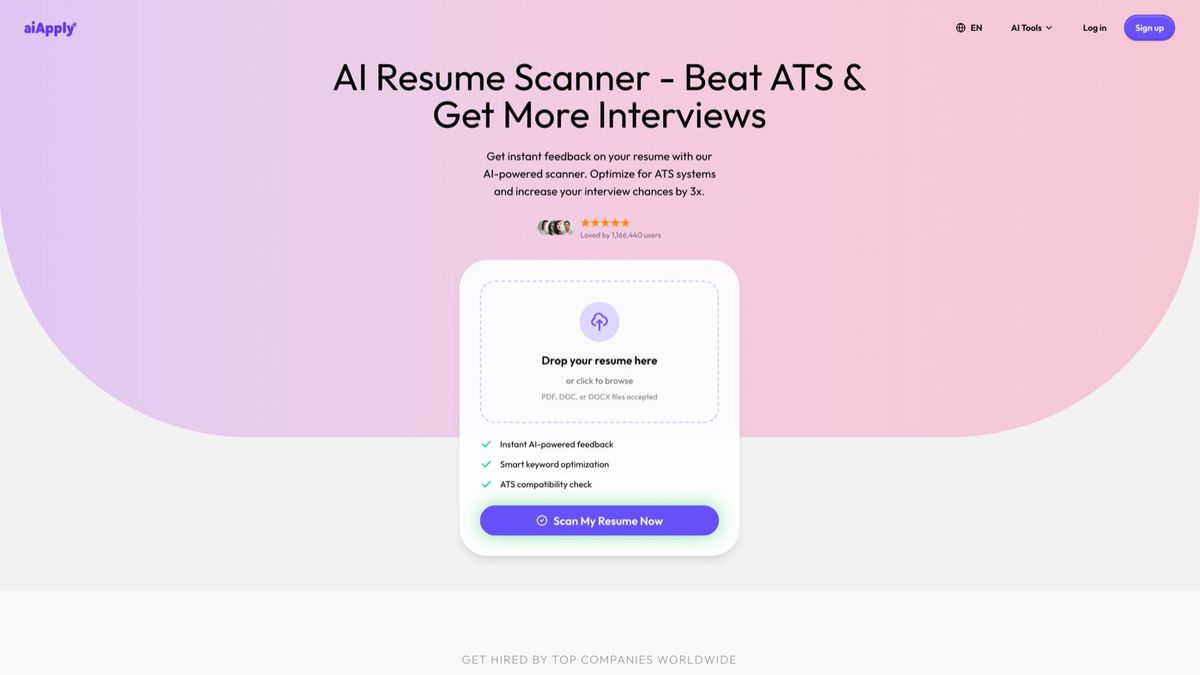 AIApply Resume Scanner product page showing ATS optimization tool with instant AI feedback and keyword analysis