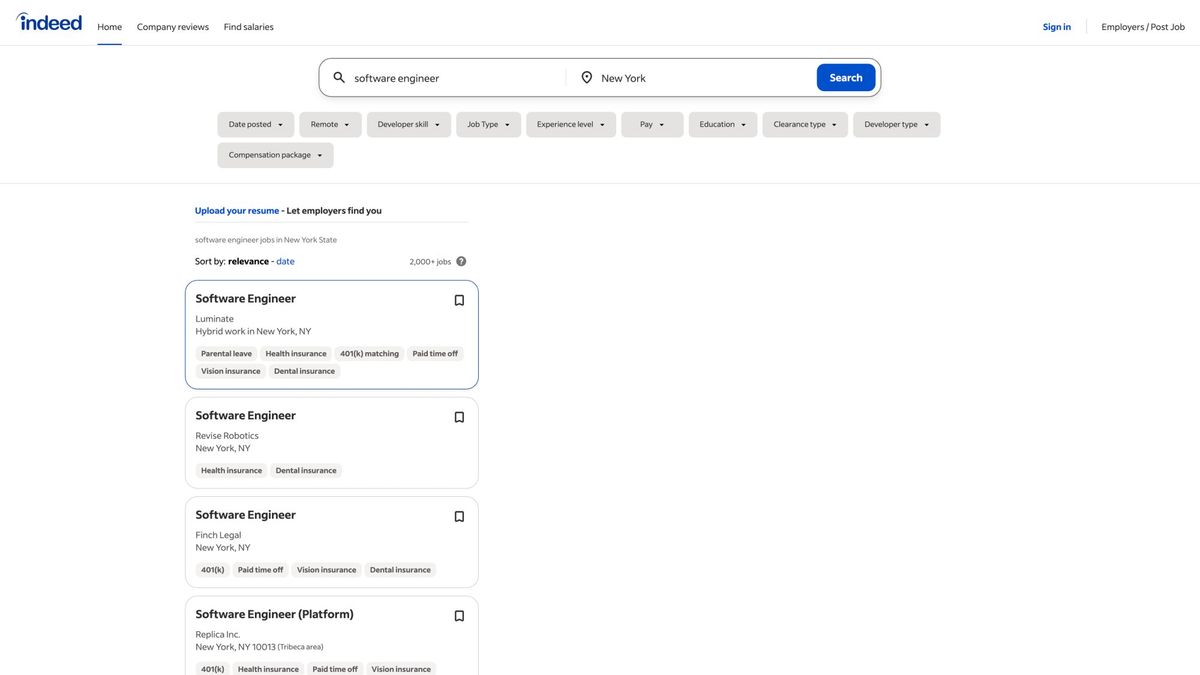 Indeed job search results showing software engineer listings with Apply Now buttons for one-click applications