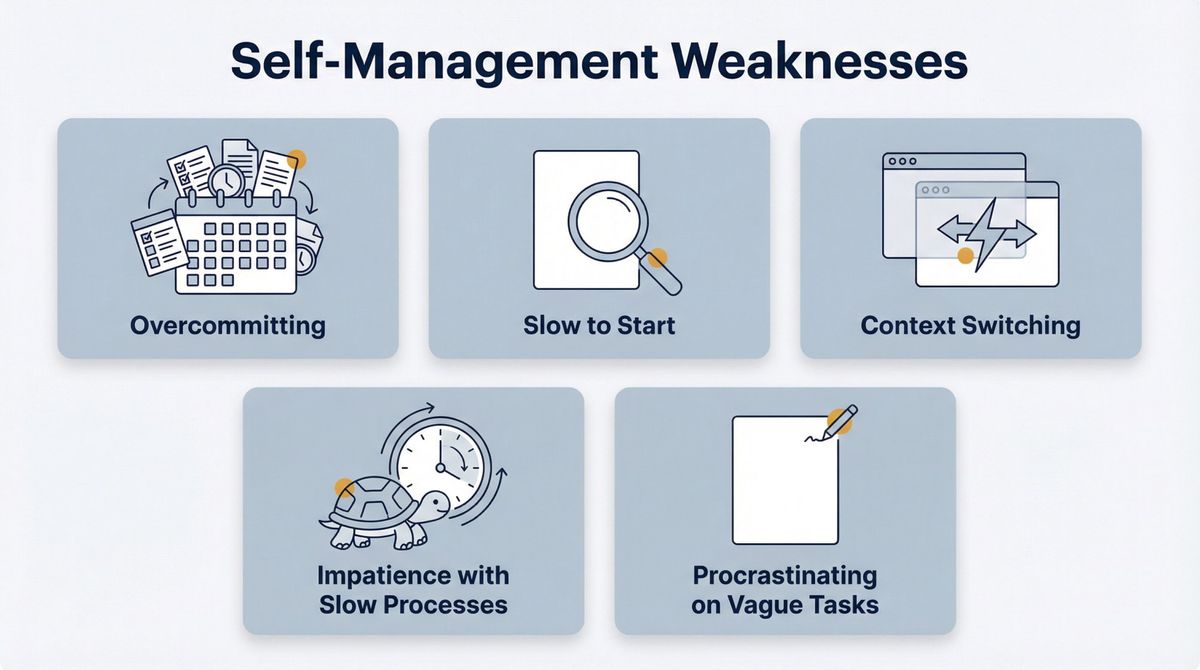 Five self-management interview weaknesses shown as labeled icons in a clean professional grid layout