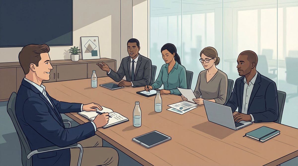 Professional panel interview scene with confident candidate facing four diverse interviewers across modern conference table