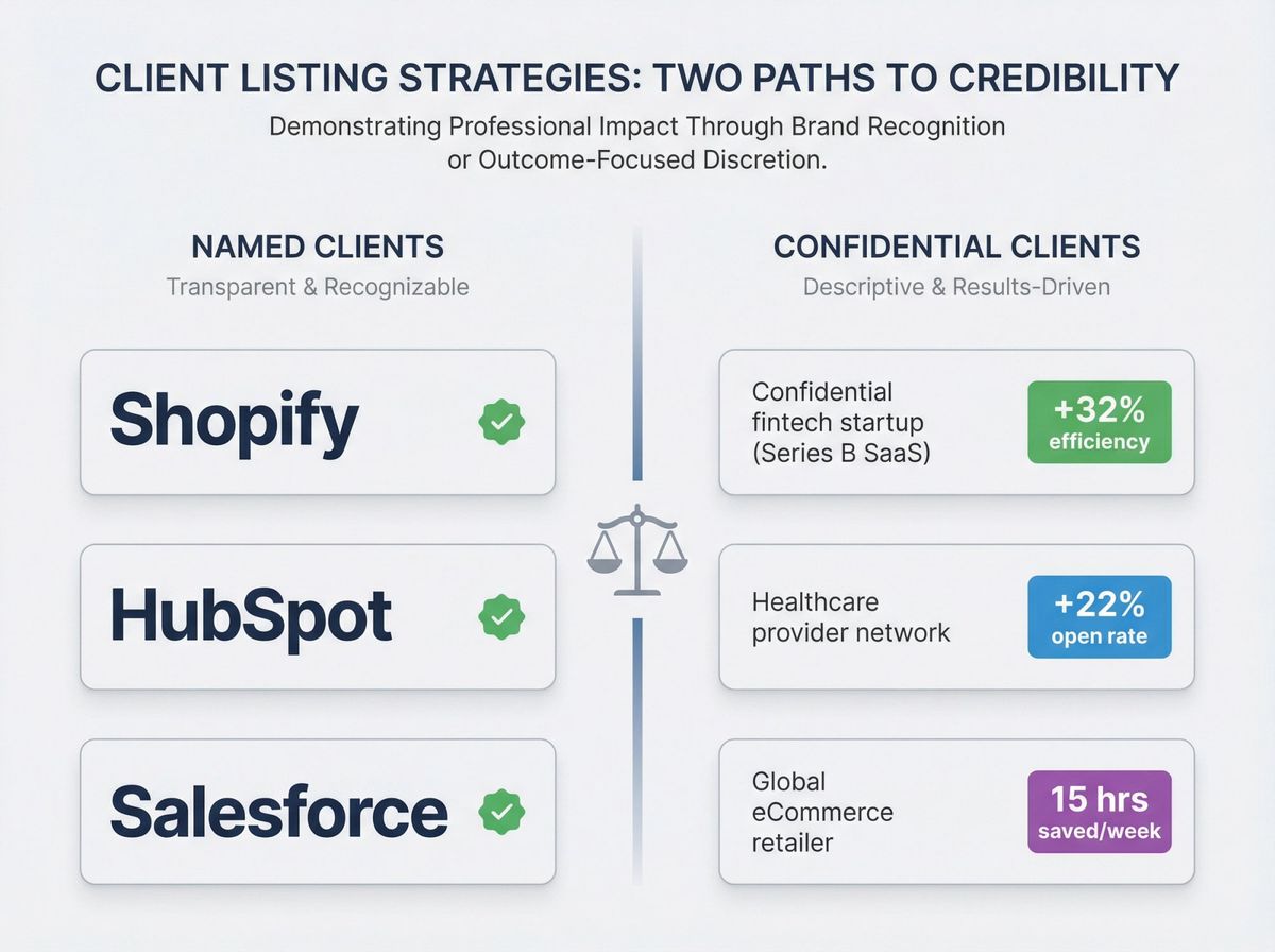 Split-panel comparison showing named clients versus confidential client descriptors, both achieving equal credibility