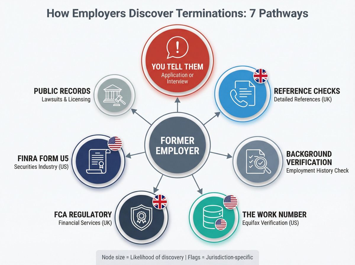 Infographic showing 7 pathways employers use to discover past terminations, organized by likelihood and jurisdiction