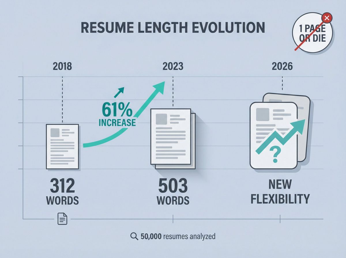 Timeline showing resume length evolution from 2018 to 2026, with word count increasing from 312 to 503 words