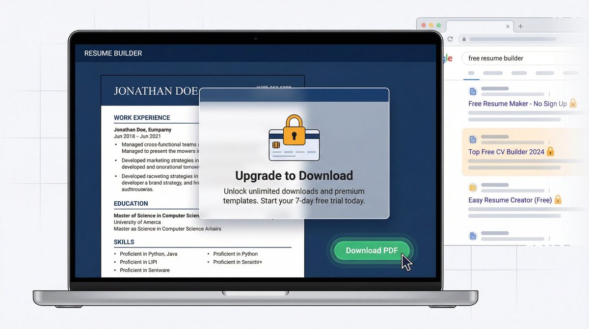 Job seeker hits a payment wall after completing a free resume builder, showing the fake-free trap moment