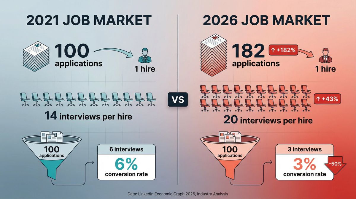 Side-by-side comparison of 2021 vs 2026 job market showing 182% increase in applications per hire, doubled interview rounds, and 3% conversion rates