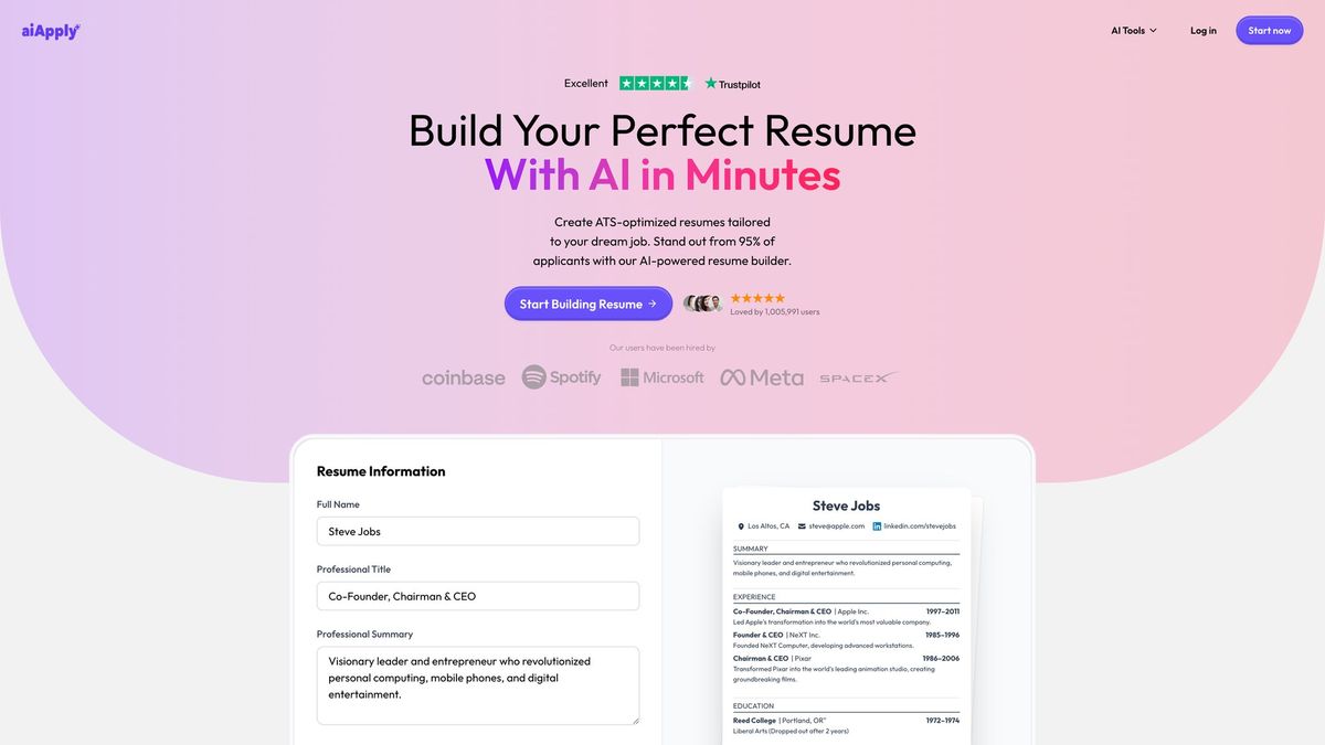AIApply Resume Builder interface demonstrating AI-powered resume creation with instant preview and ATS optimization