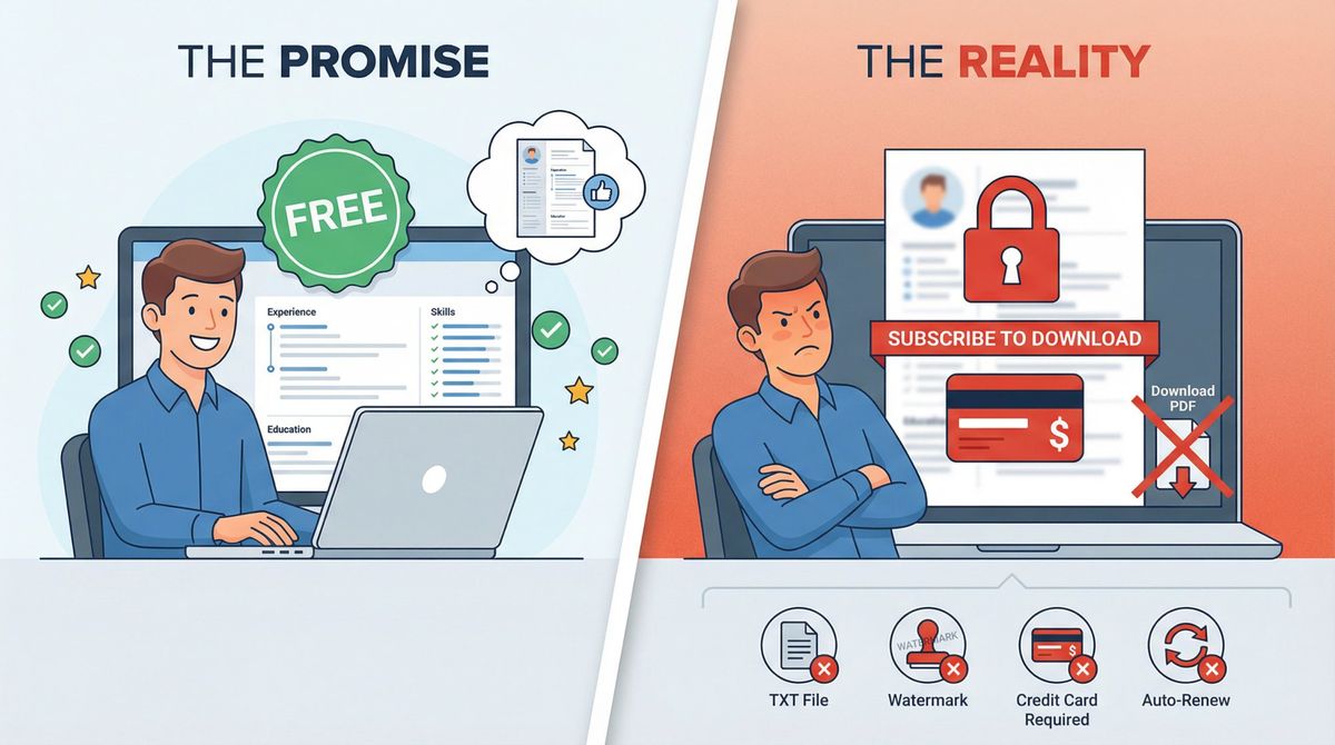 Editorial illustration showing the fake-free resume builder bait-and-switch: building for free then hitting a paywall at download