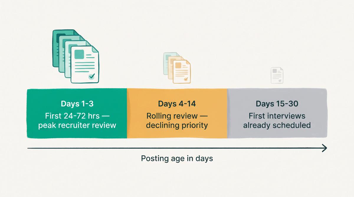 Editorial illustration of a 30-day job posting timeline showing recruiter attention concentrated in the first 24-72 hours
