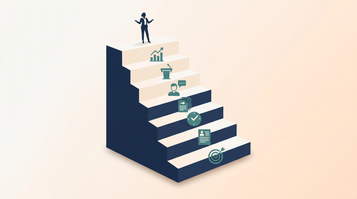 Editorial illustration of a step-by-step staircase path showing the complete job search system from role targeting to offer, representing the fast hiring framework