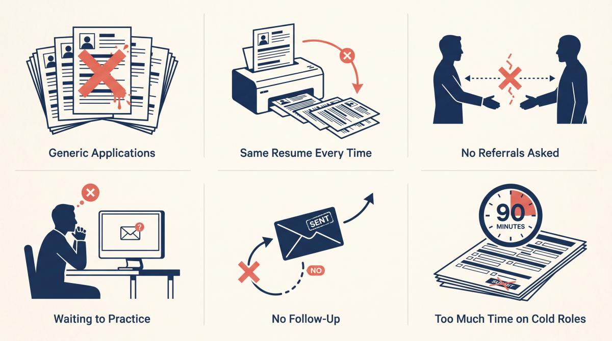 Editorial illustration of six common job search mistakes including generic resumes and no follow-up, shown as warning signs