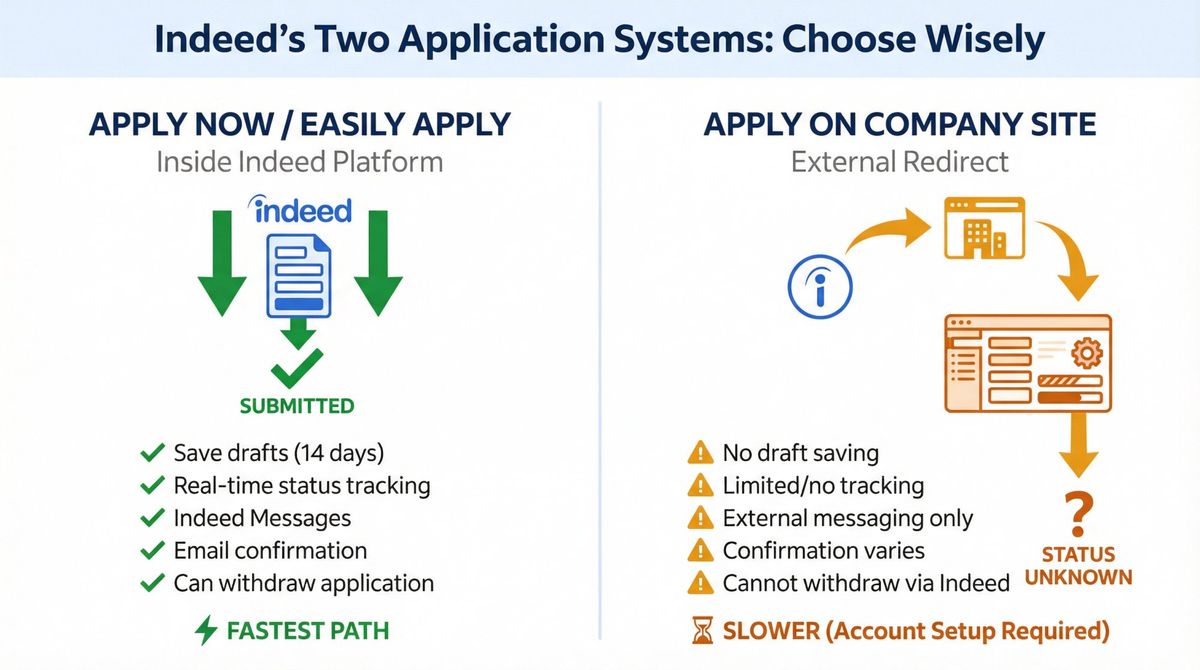 Side-by-side comparison showing Indeed's two application systems with feature differences