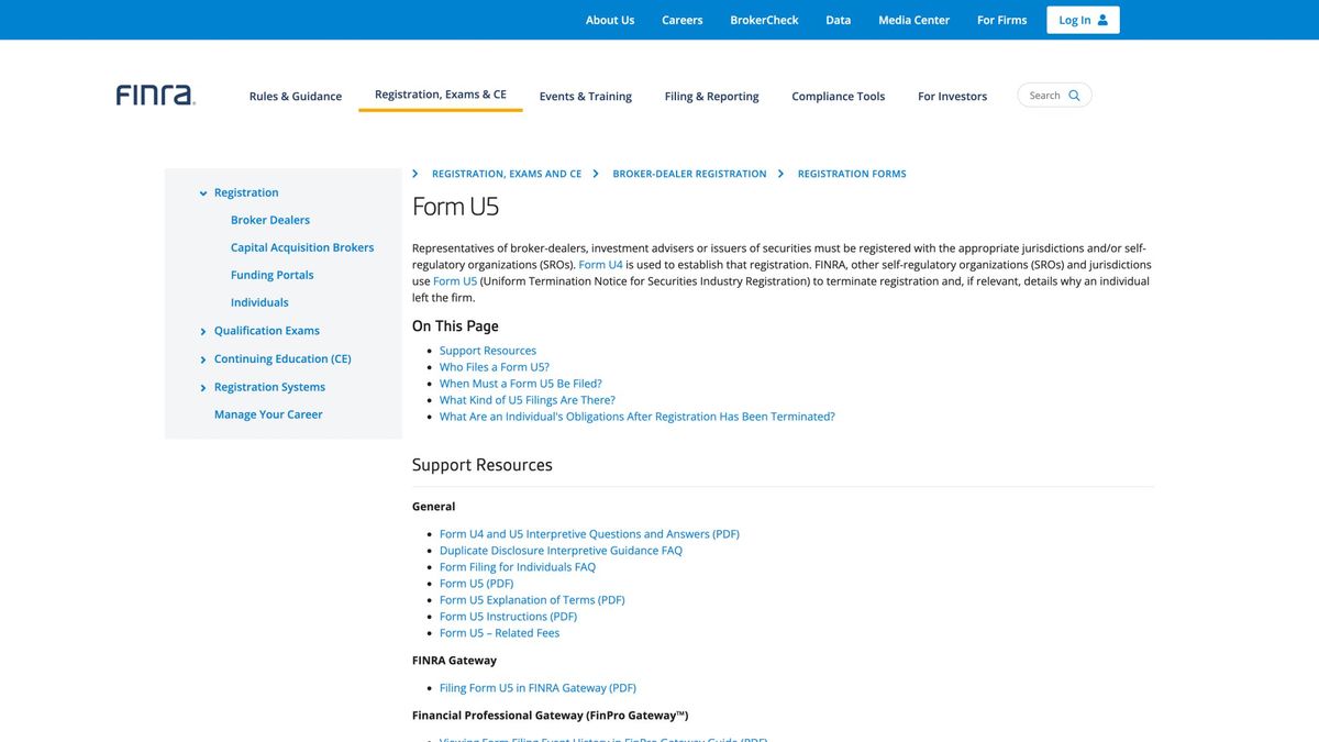 FINRA Form U5 information page showing termination reporting requirements for registered representatives