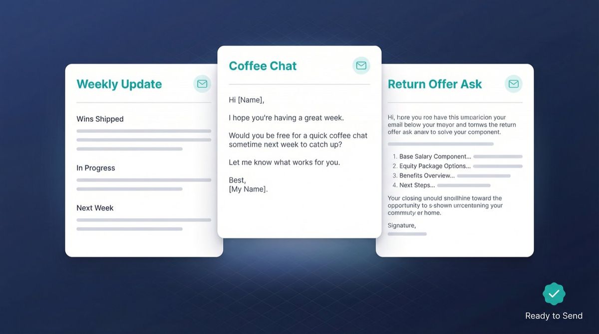 Three professional email template cards for interns: Weekly Update, Coffee Chat, and Return Offer Ask displayed as a polished toolkit