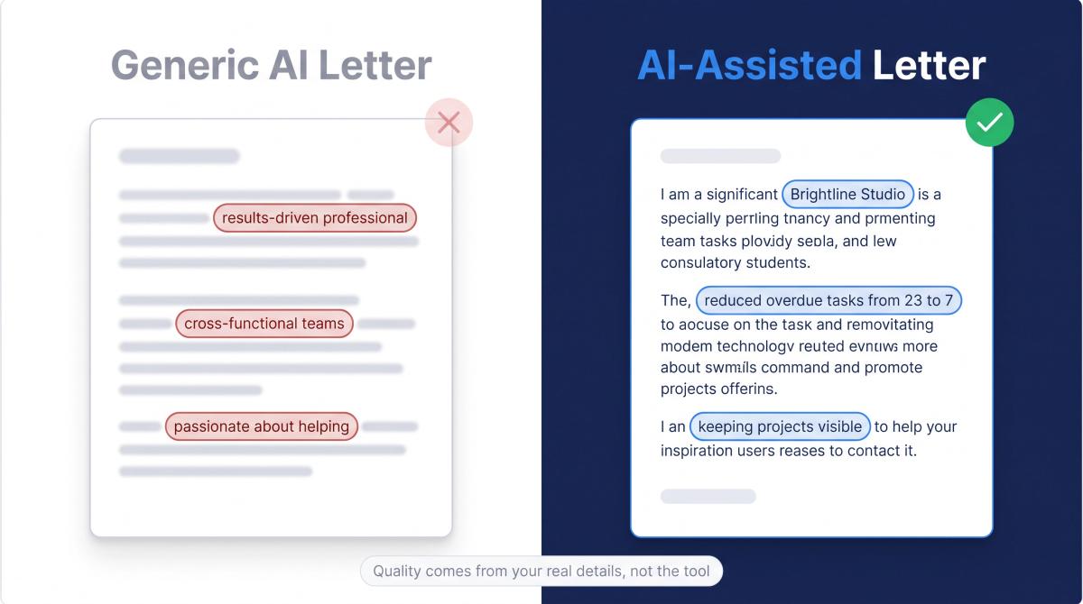 Side-by-side comparison of a weak generic AI cover letter vs a strong personalized AI-assisted cover letter