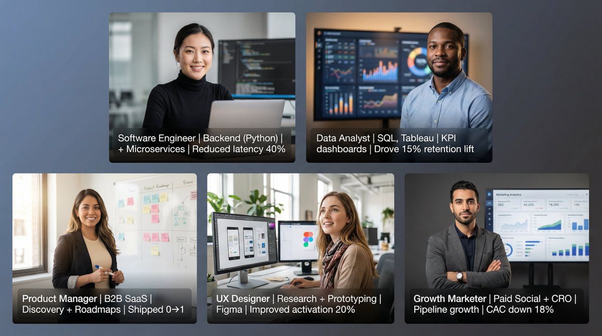 Grid showcase of 5 diverse professionals with their optimized LinkedIn headlines displayed as modern, clean text overlays