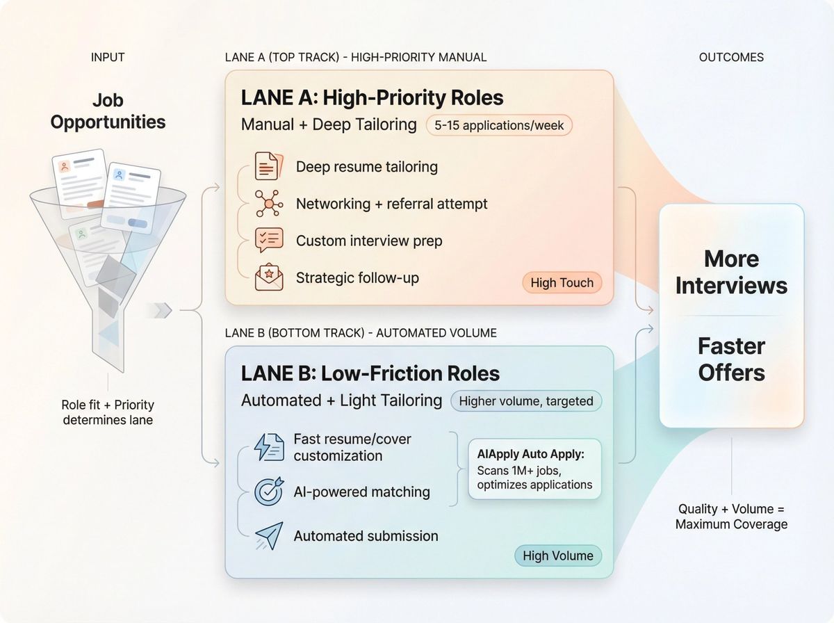 Strategic two-lane job application pipeline showing manual high-priority track versus automated volume track with specific activities and outcomes
