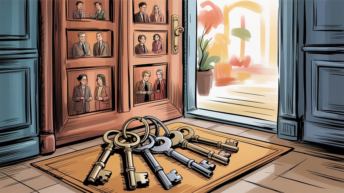 Hand-drawn illustration of golden keys resting on a wooden floor in front of framed portraits of diverse professionals, with warm sunlight streaming through an open doorway, symbolizing how transferable skills unlock multiple career opportunities