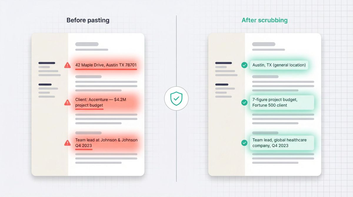 Split-panel illustration showing personal data being scrubbed and replaced with safe professional equivalents before pasting into an AI chat