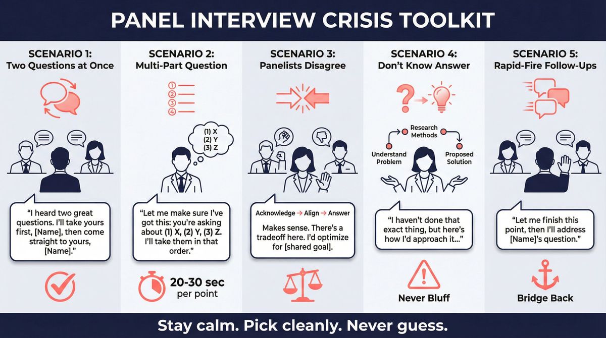 Five-panel tactical infographic showing real-time strategies for handling difficult panel interview scenarios with speech bubble scripts