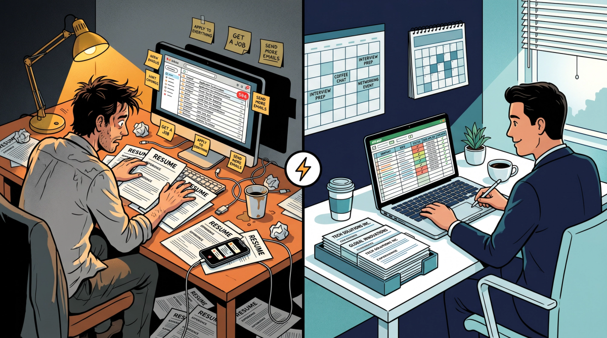 Split editorial illustration contrasting chaotic job search mistakes with a focused, organized job search approach