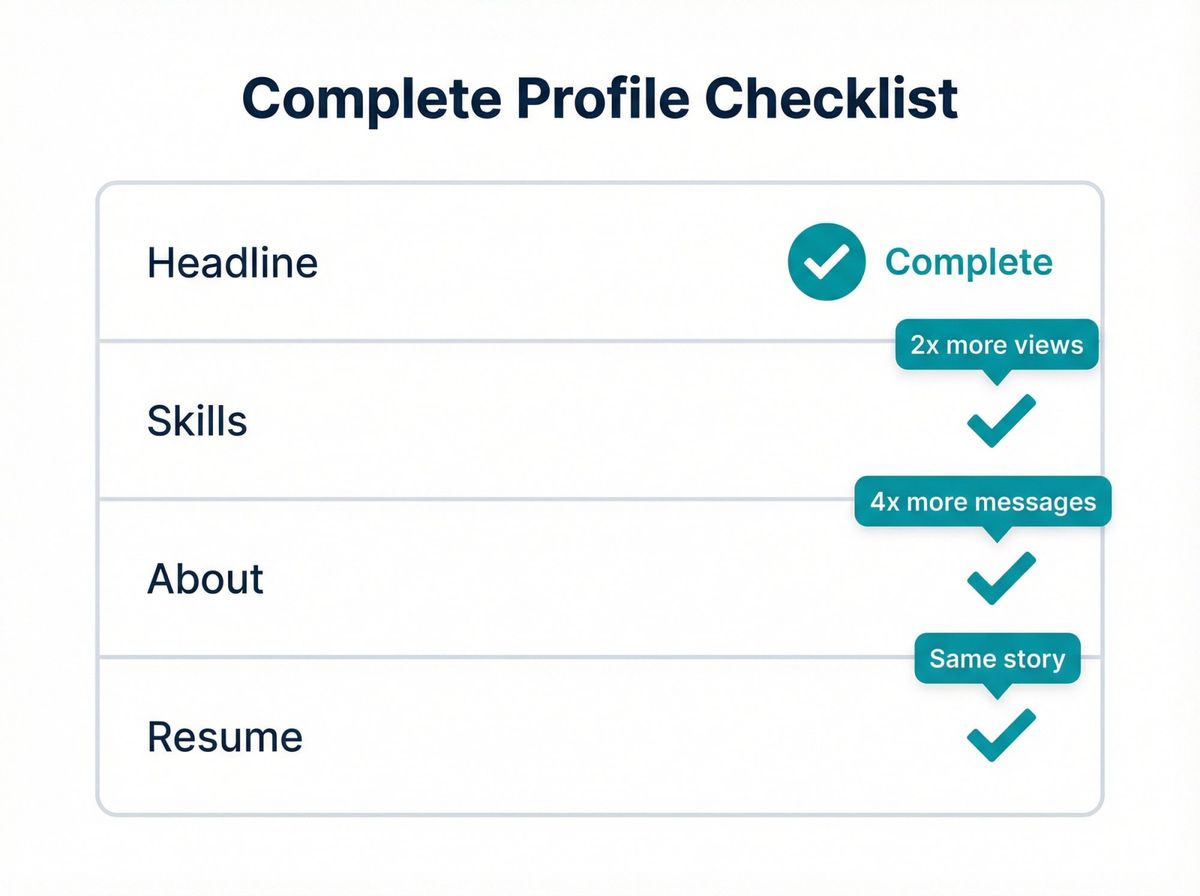 LinkedIn profile completion checklist showing Headline, Skills, About, and Resume sections with stats: 2x more views and 4x more messages