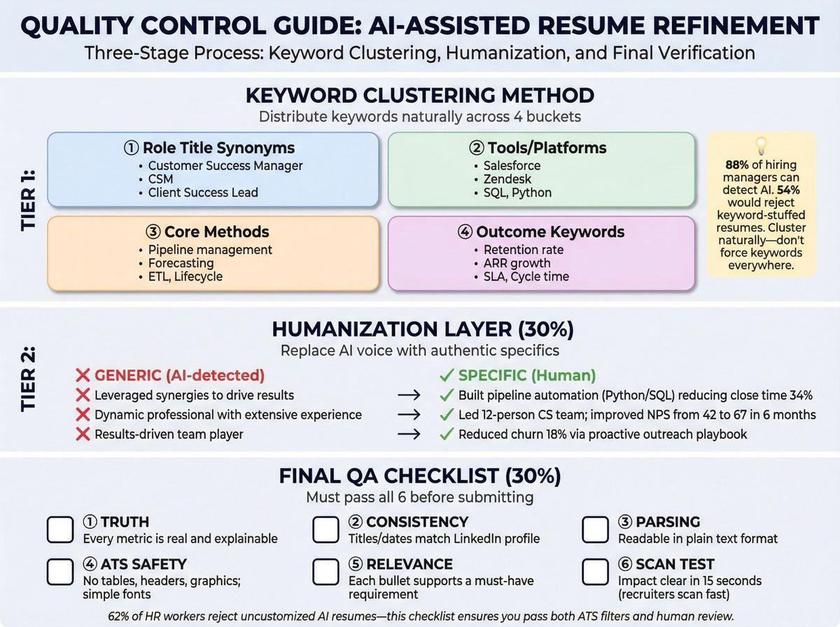 Three-tier infographic showing keyword clustering method with 4 buckets, humanization checklist, and 6-point QA verification system for AI resumes