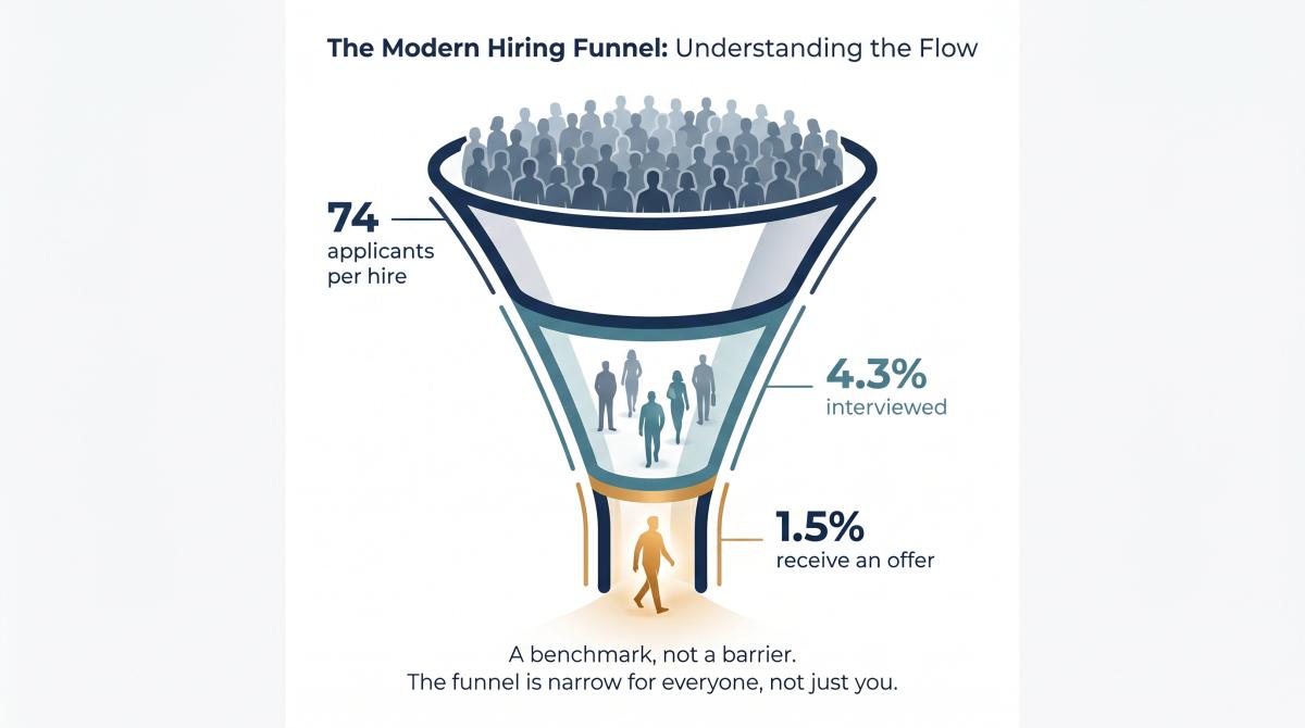 Illustration of the hiring funnel showing 74 applicants narrowing to 4.3% interviewed and 1.5% receiving job offers