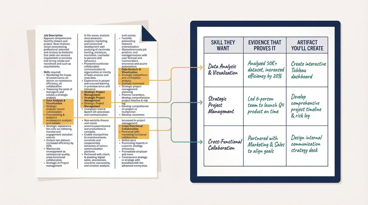 Editorial illustration of a job description being strategically decoded into a three-column proof map with skill requirements highlighted