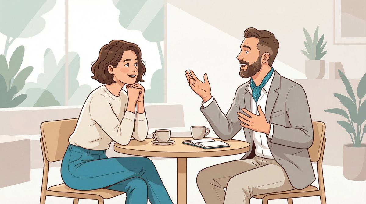 Two people in engaged conversation, one leaning forward with curiosity as the other lights up sharing a story