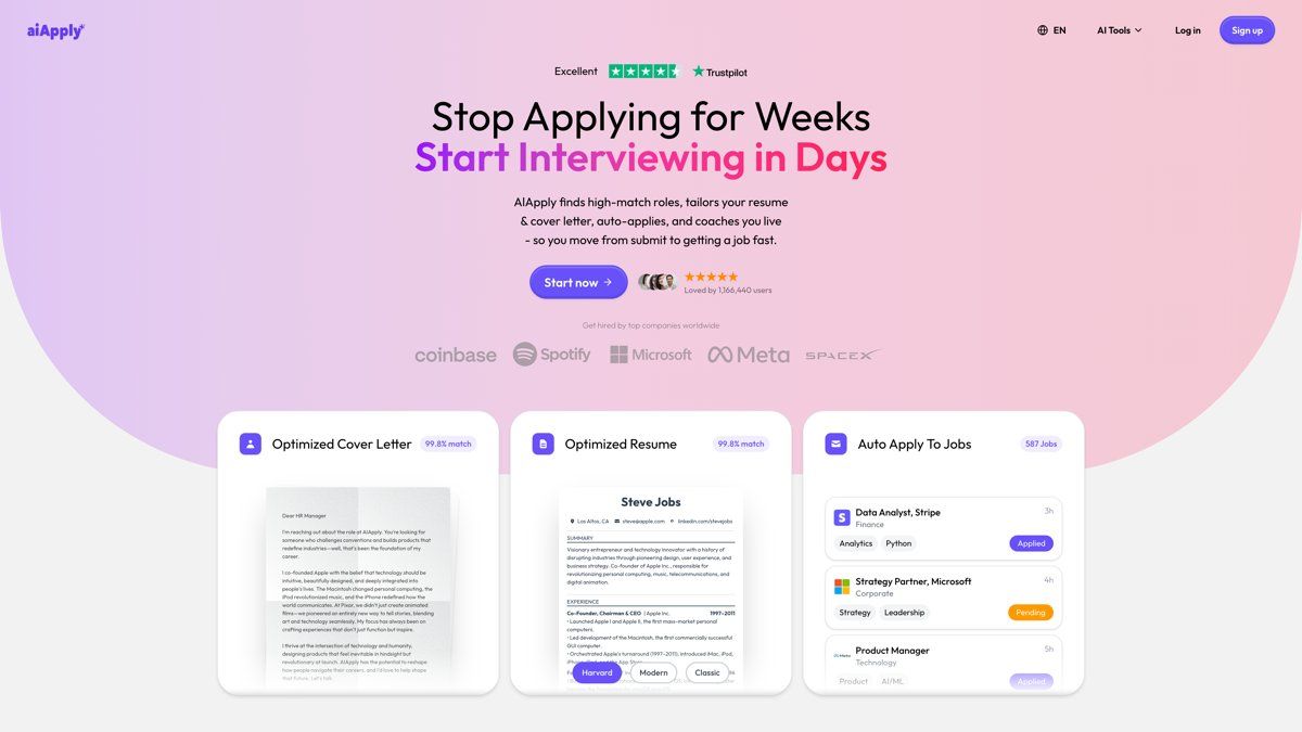 AIApply homepage showing the AI-powered job application platform with cover letter generator, resume builder, and auto-apply tools used by over 1.3 million job seekers