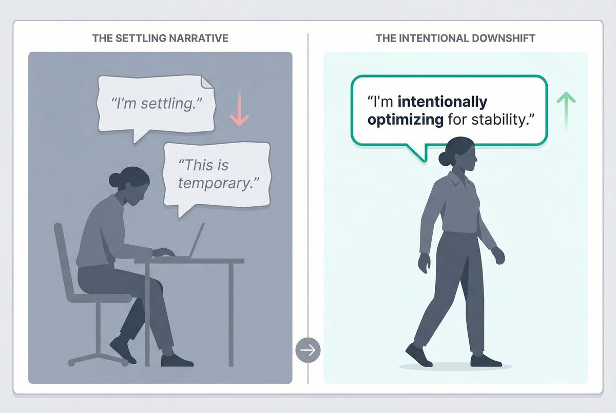 Before-and-after: settling narrative versus confident intentional downshift statement for overqualified job seekers