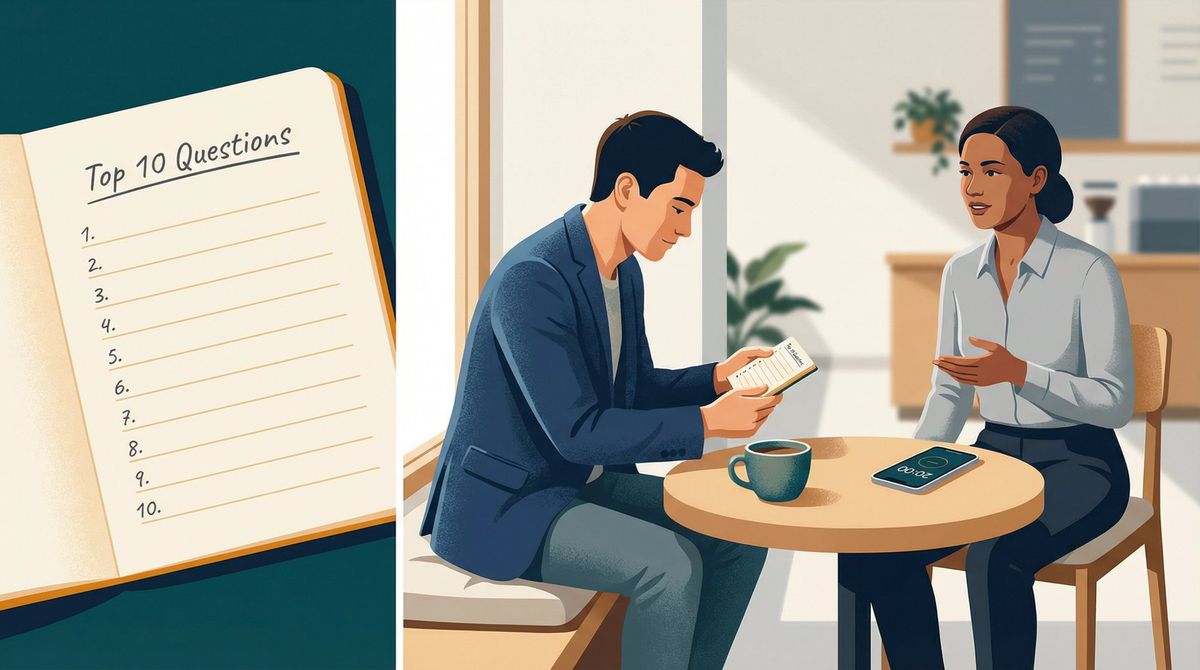 Two professionals in a focused 20-minute informational interview, one asking a strategic question from a short curated list