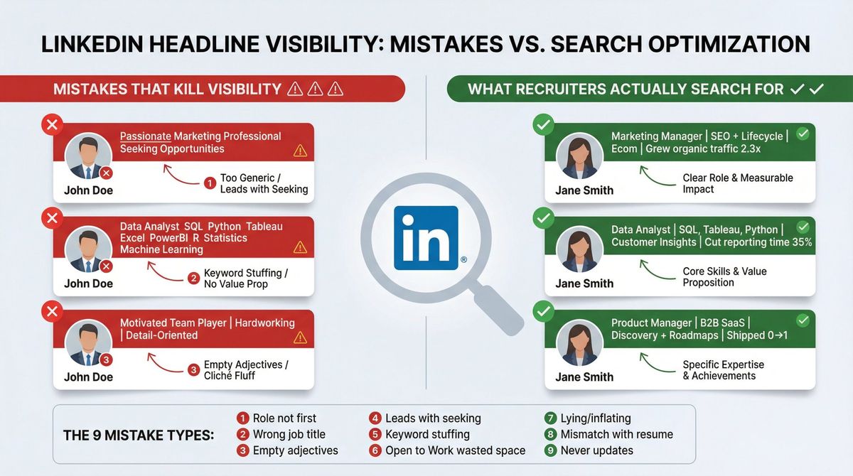 Visual comparison showing 9 LinkedIn headline mistakes that reduce visibility vs correct formatting
